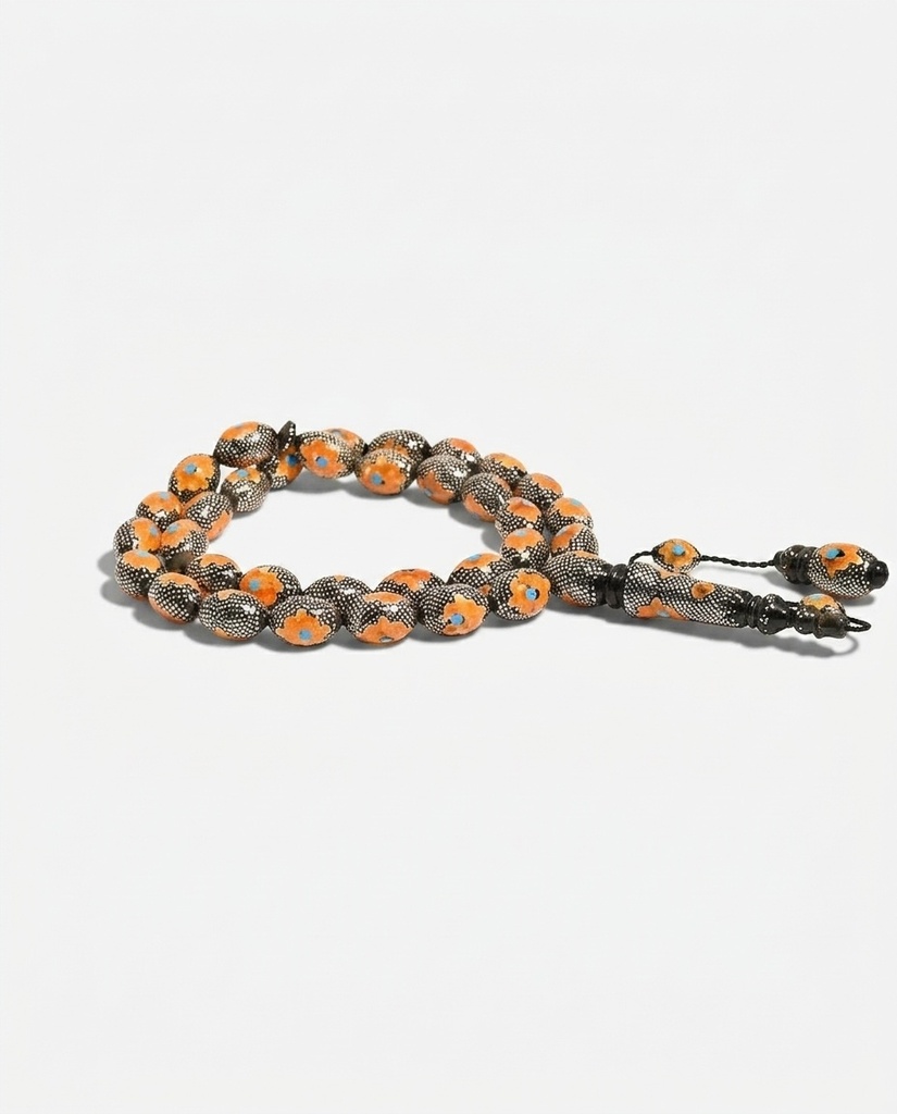 Natural Yusr Prayer Beads with Silver and Turquoise 33 Beads Luxury