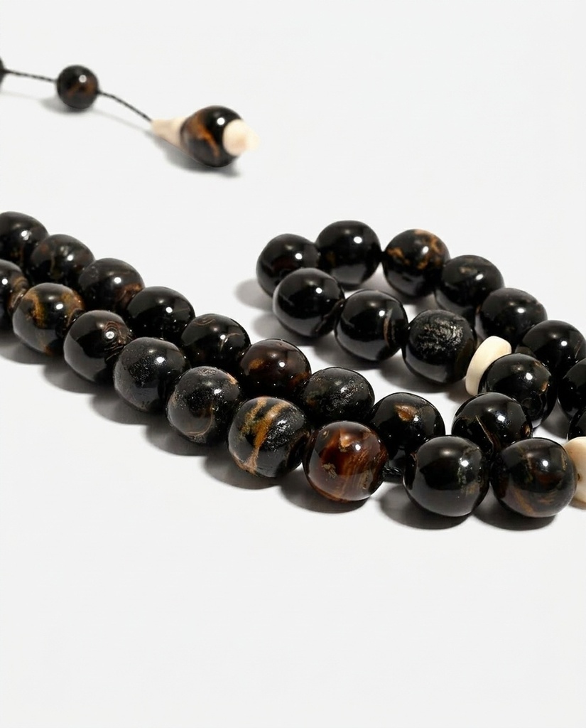 Rare Natural Yusr Prayer Beads 33 Round Beads with Ivory Veins