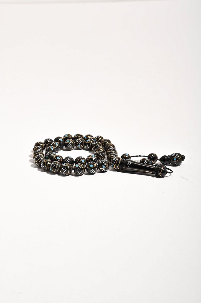 Natural Coco Wood Prayer Beads with Turquoise Brass Inlay 33 Beads