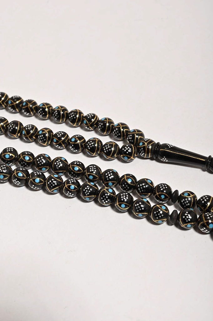 Natural Coco Wood Prayer Beads with Turquoise Brass Inlay 33 Beads