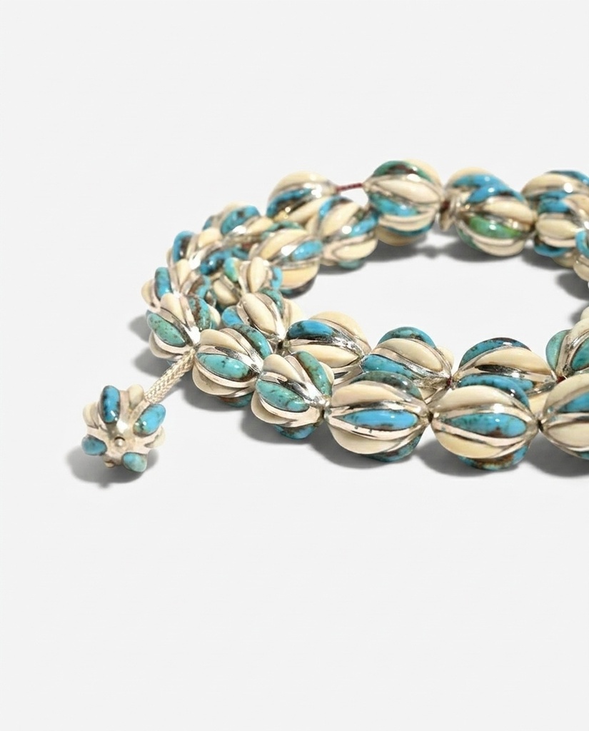 Natural Ivory & Turquoise 33-Bead Prayer Beads Sterling Silver 925