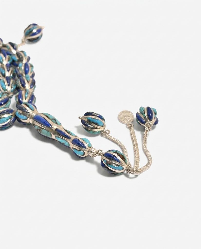 Natural Lapis Lazuli and Turquoise Prayer Beads with 925 Silver Plating 33 Beads