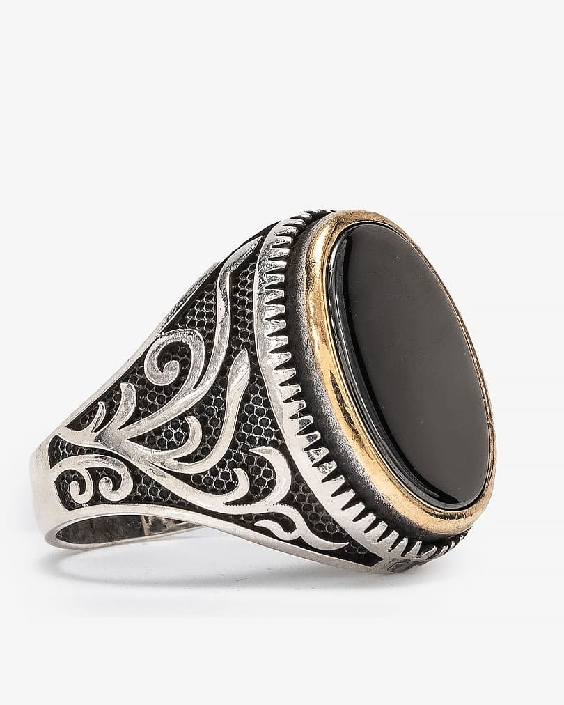 Agate black silver men ring RING012BK