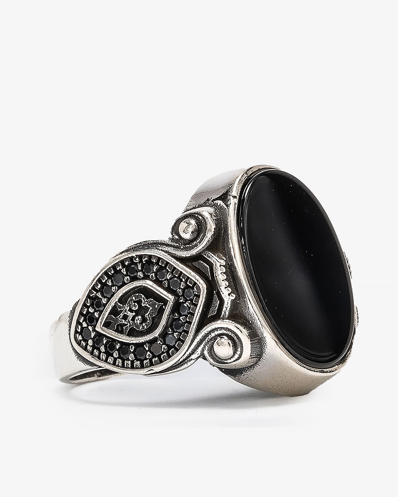 Agate black silver men ring RING020BK