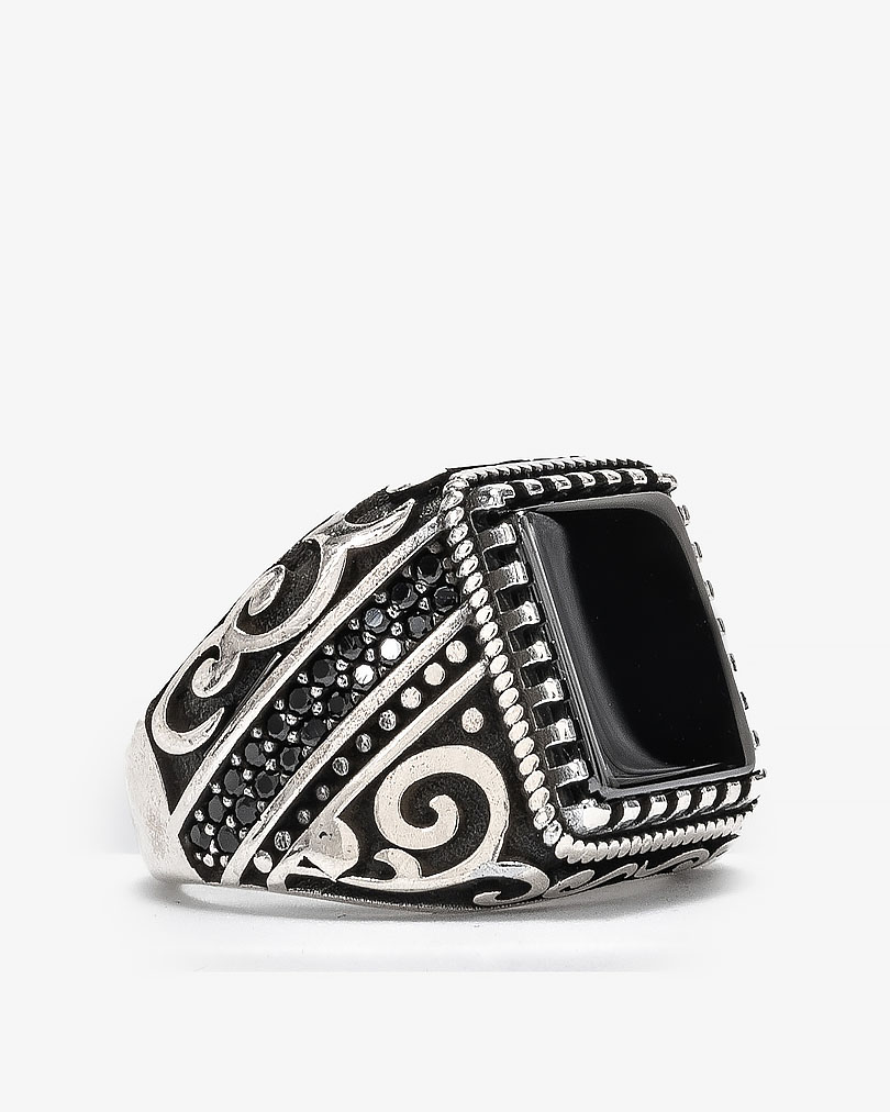 Agate black silver men ring RING006BK
