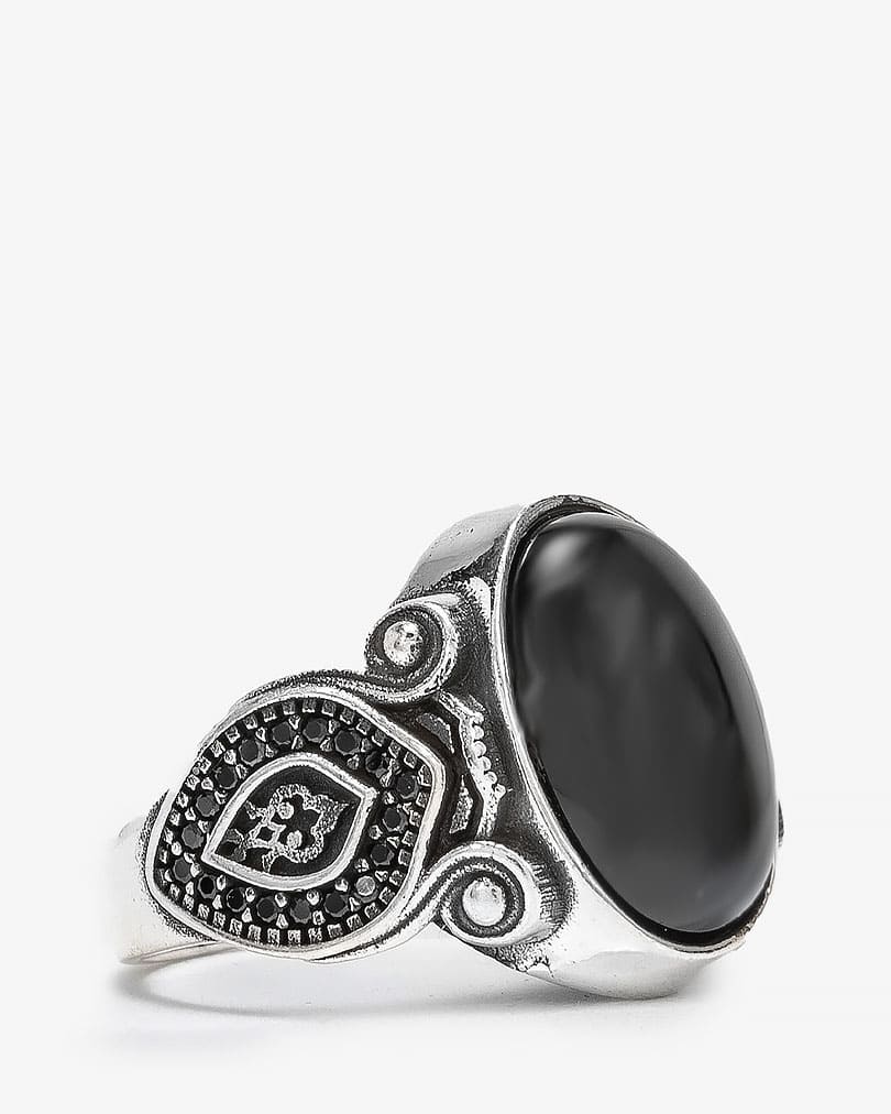 Agate black silver men ring RING021BK