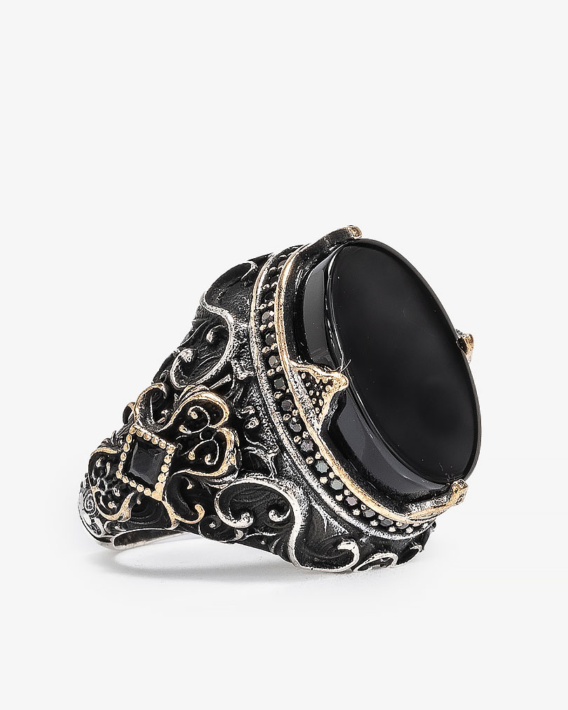 Agate Stone Silver Men Ring RING031BK