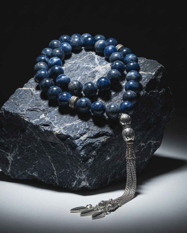 سبحة حجر سوداليت ازرق بعروق انيقة