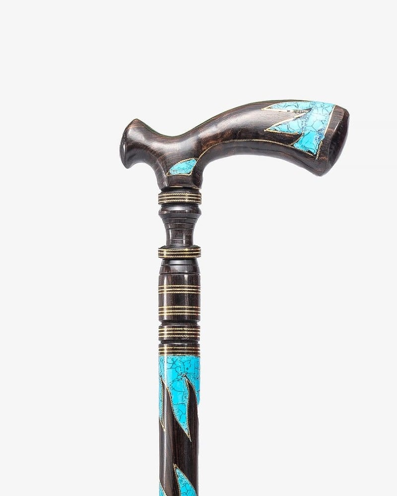 عصا عكاز ايبانوس طبيعي مزين شبيه الفيروز