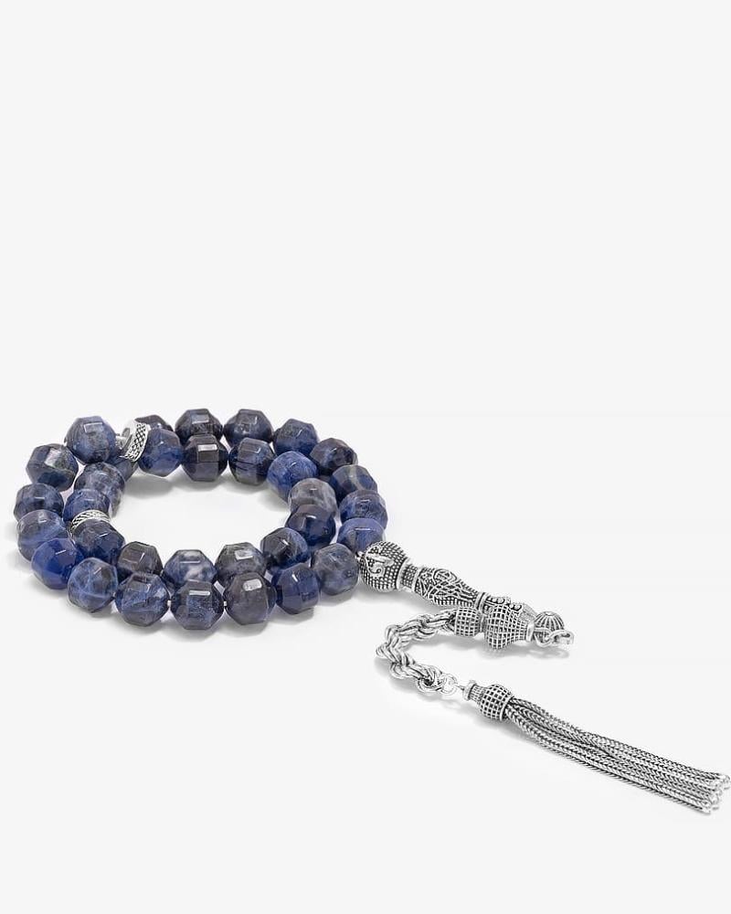 سبحة فضة حجر سوداليت ازرق بتصميم اسطاوني