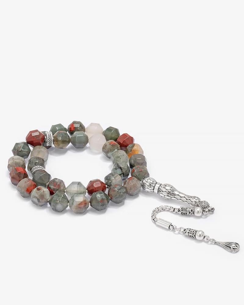 سبحة فضة حجر الدم الافريقي طبيعي