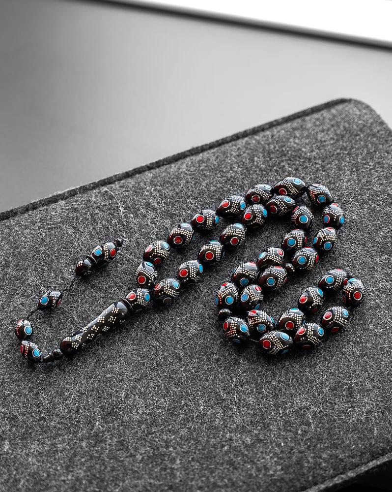 Kok turquoise and coral rosary inlaid with silver ROS5291MC