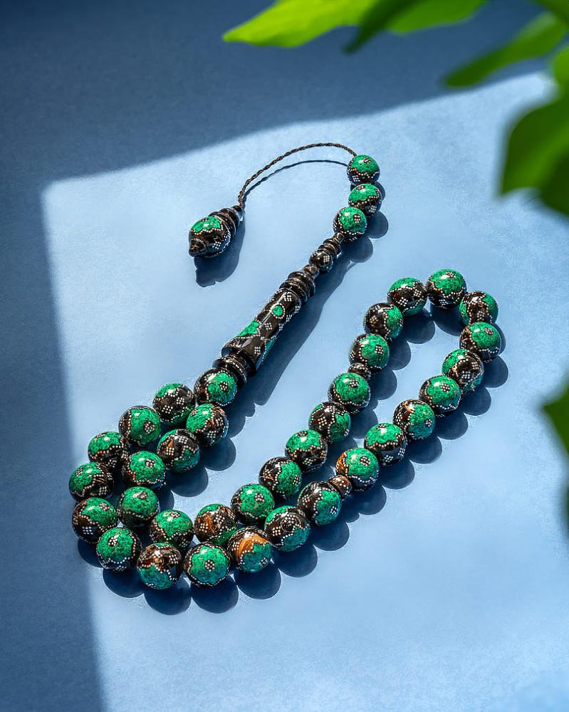 سبحة فضة يسر مزين ملاكيت طبيعي