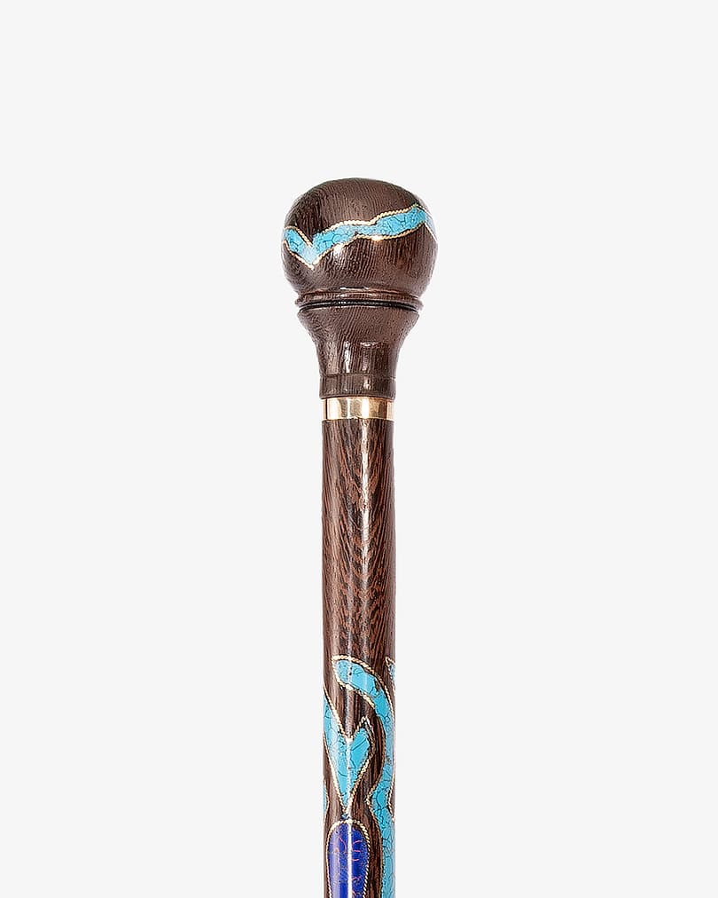Natural Vengean Wood Decorated Crutch Stick Turquoise and Lapis Lazuli