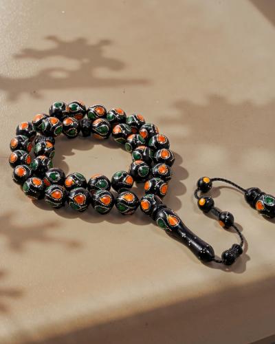 Amber-like and malachite-inlaid Kok rosary in silver ROS5414MC