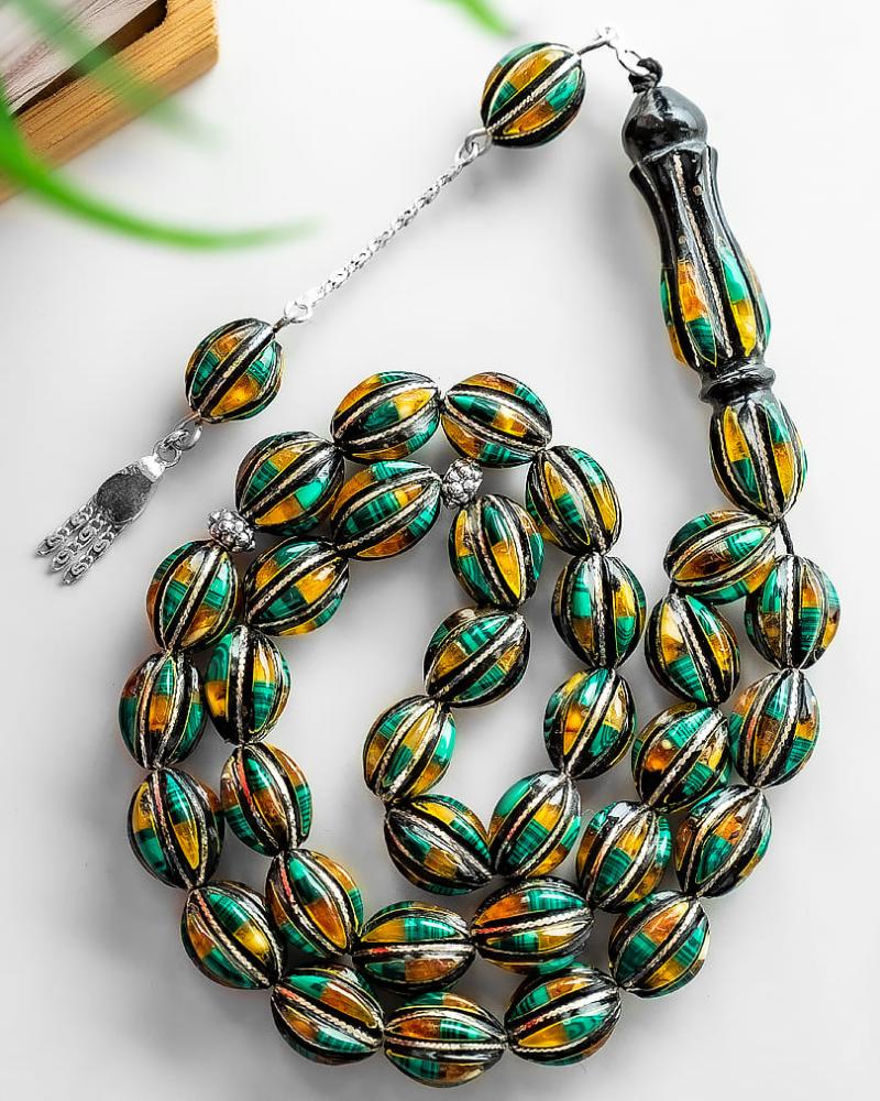 سبحة يسر فضة شبيه الكهرمان والملاكيت